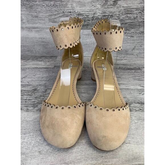 Leon Max Womens Scalloped Ankle Strap Suede Block Heel Flats Size 7.5 Beige - Picture 2 of 8